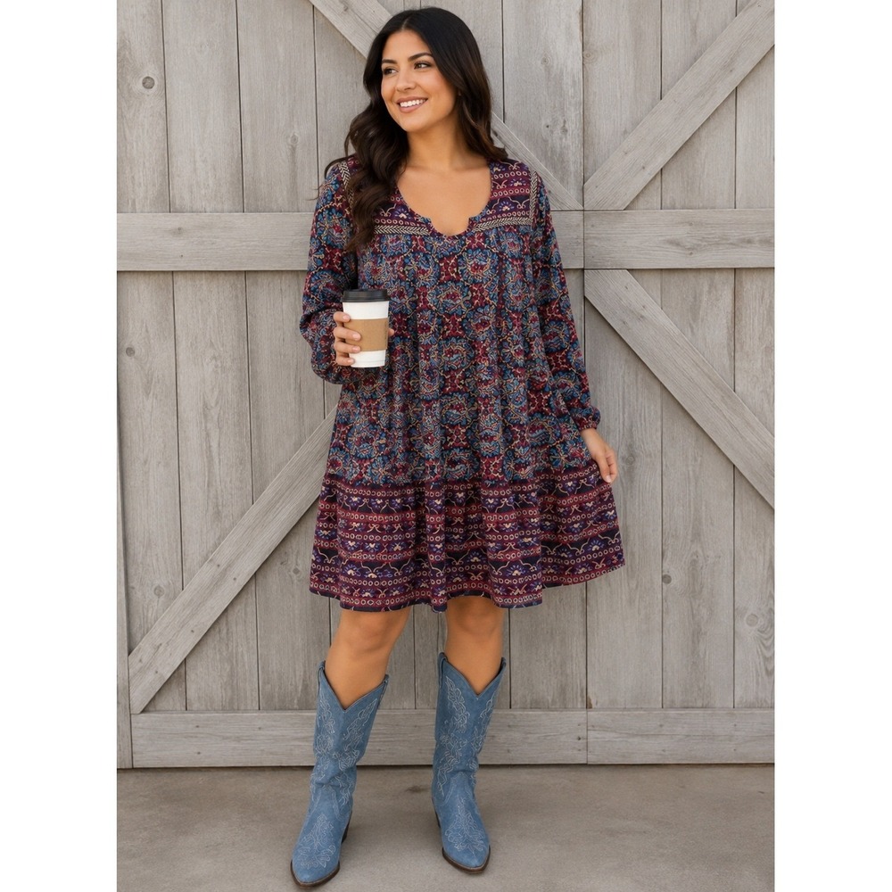 One Clothing M Dress LS Abstract Paisley Floral Pattern Boho Festival Flowy